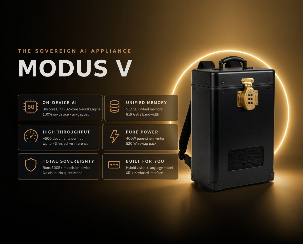 Modus V specification card. 512 GB unified memory, 80-core GPU, 32-core Neural Engine, 819 GB/s bandwidth, runs 600B+ parameter models on device. Throughput about 500 documents per hour, up to about 3 hours of active inference. 400W pure-sine inverter with a 520 Wh swap pack. 100% on-device and air-gapped.